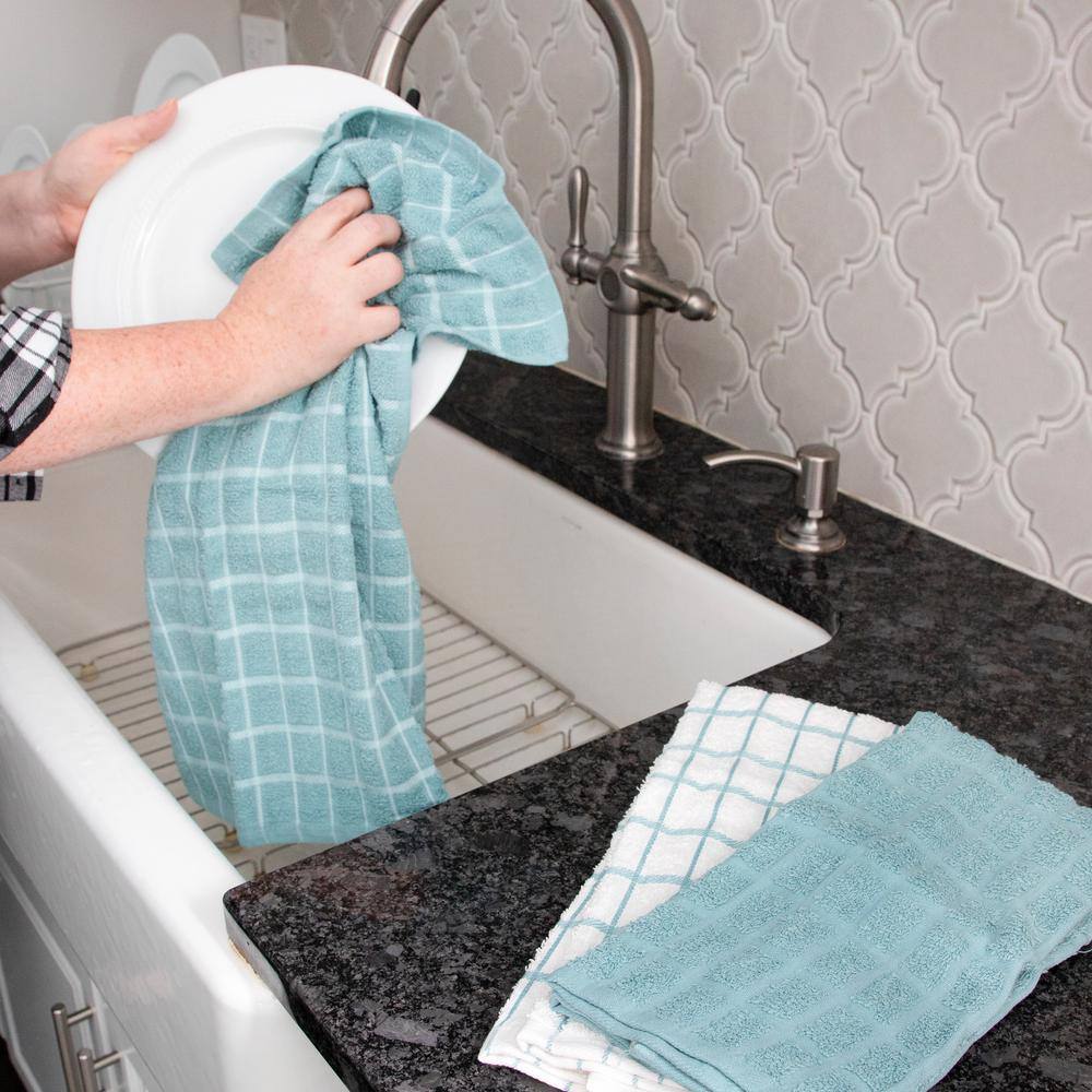 Dew Blue Cotton Terry Check Kitchen Towel Set