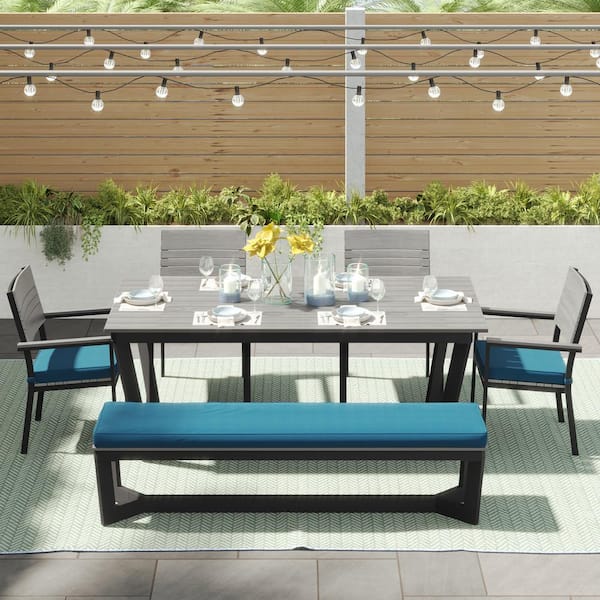 CORVUS Orville Gray 6-Piece Aluminum Outdoor Dining Set with Blue Cushions