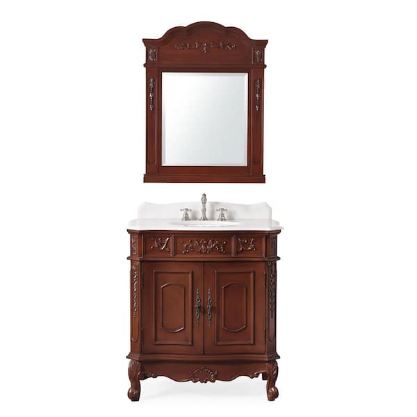 Benton Collection Benson 33 in. W x 20.5 in D x 36.5 in. H Bath Vanity in Brown with Single Sink White Marble Top and Mirror