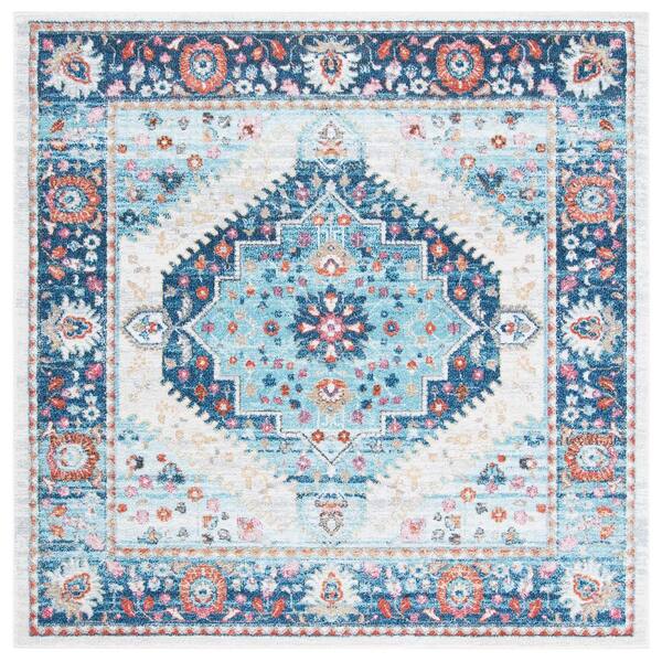 Phoenix 7 ft. x 7 ft. Ivory/Blue Distressed Medallion Border Square Area Rug