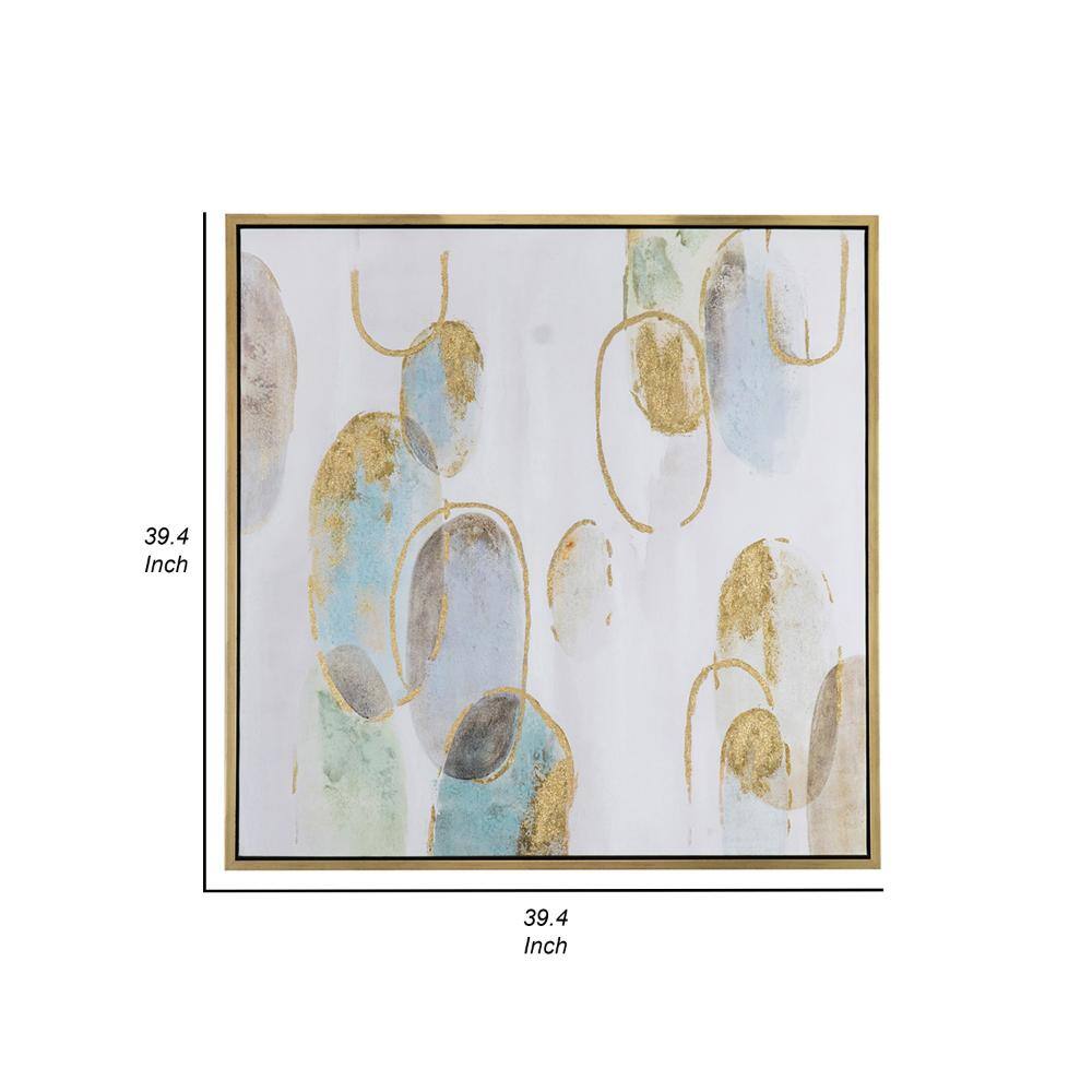 39.4" Square Gold, White, Green Abstract Canvas Wall Art
