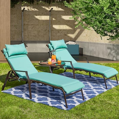Black Frame 3-Piece Metal Outdoor Chaise Lounge Set with Light Green Cushion and Coffee Table