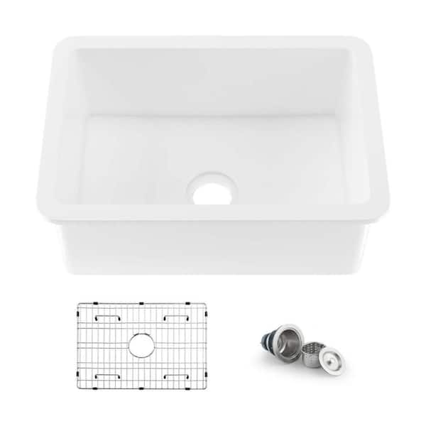 KIBI 24 in. Undermount Single Bowl Glossy White Fireclay Kitchen Sink with Bottom Grids, Strainer