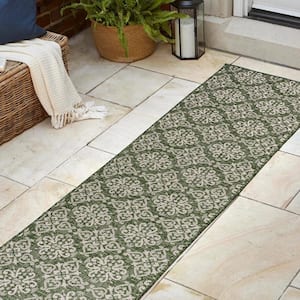 Amora Green/Cream 2 ft. x 8 ft. Traditional Mediterranean Tile Design Indoor/Outdoor Runner Rug