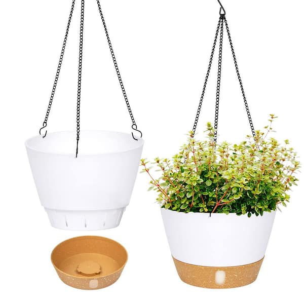 Dyiom 8 in. Dia White Plastic Hanging Basket with Visible Water Level (2-Pack)