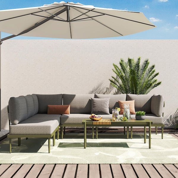 AURA OUTDOOR 7 Piece Metal Outdoor Patio Conversation Set with Coffee Table, Grey Cushions and Green Frame
