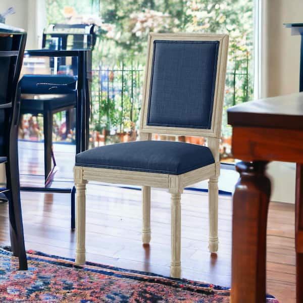 HomeRoots Navy Blue And Brown Upholstered Linen Side Chair (Set of 2)