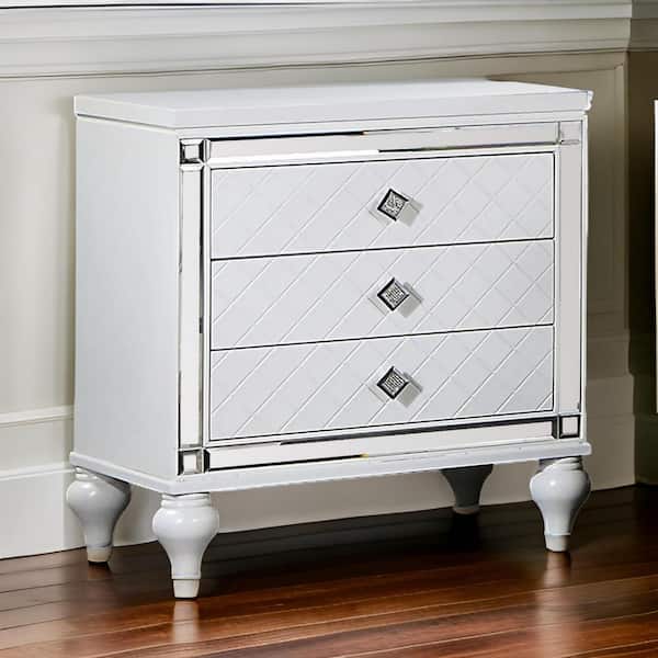 Benjara 26 in. White and Chrome 3-Drawers Wooden Nightstand