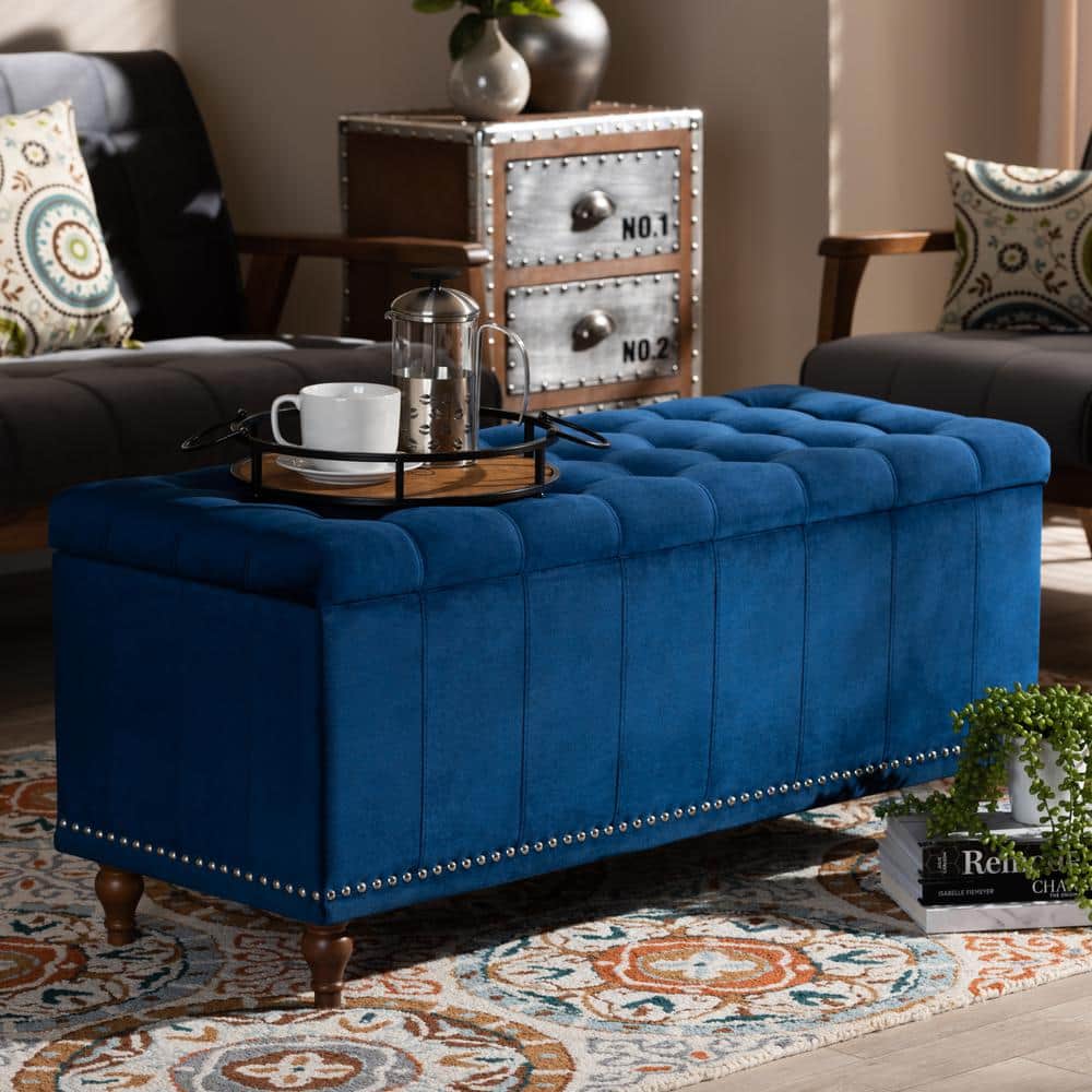 Elegant Navy Blue Velvet 42" Tufted Storage Ottoman Bench