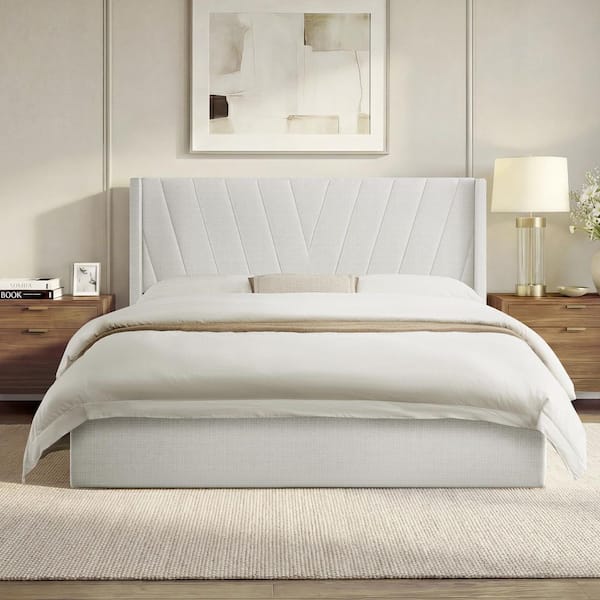 Luno Silver Gray Steel Frame Full Platform Bed with Hydraulic Lift Storage and High Upholstered Wingback Headboard