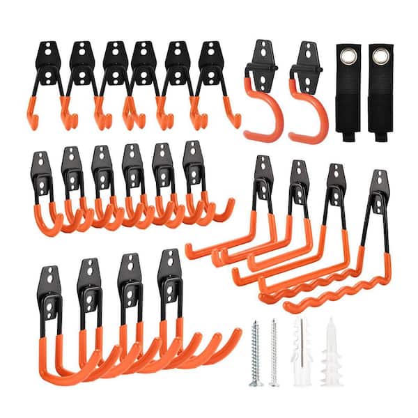 24in. Black Steel Heavy Duty Wall Rack with 30 Pack Garage Hooks for Bikes, Garden Tools, Ladders and More