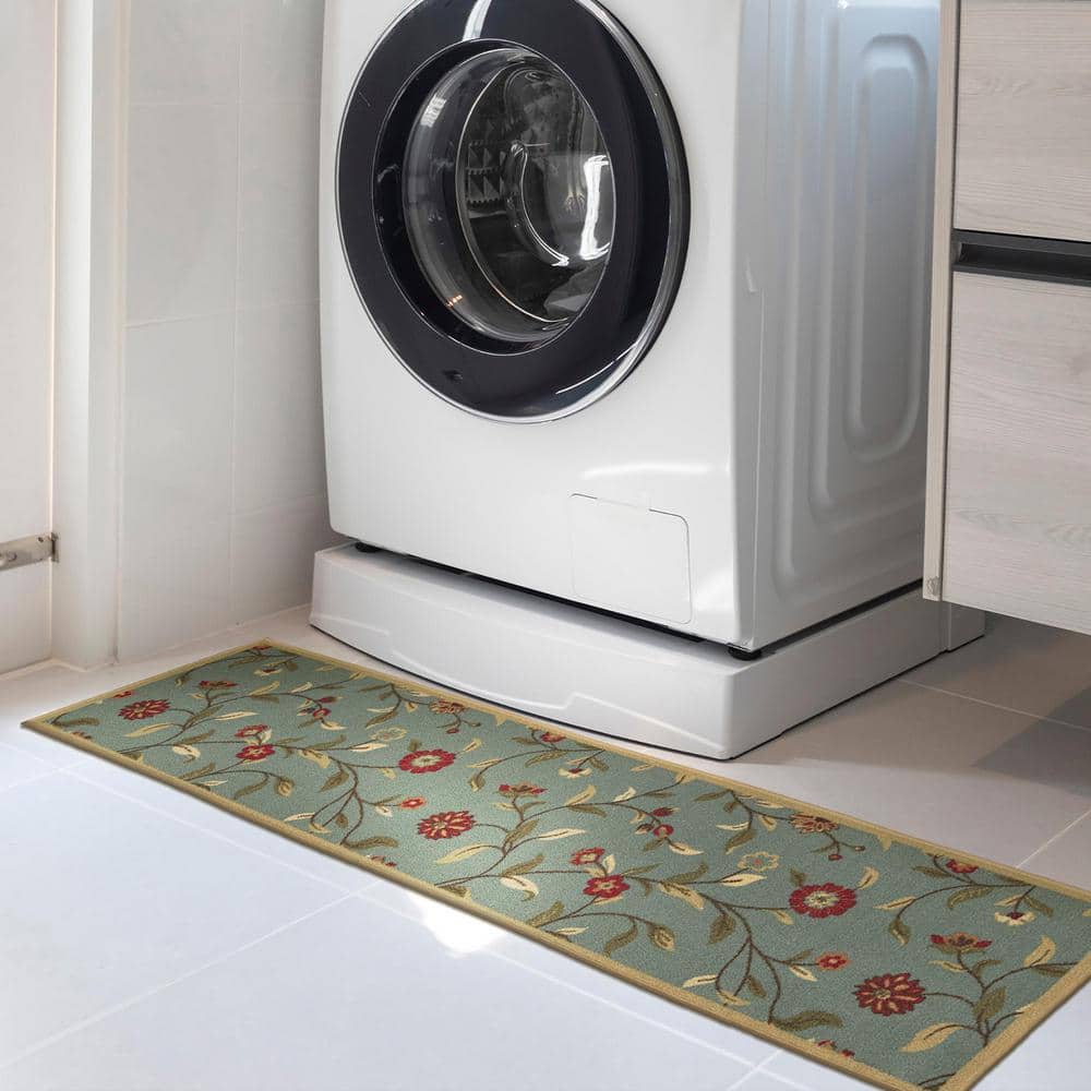 Seafoam Green Floral Non-Slip Runner Rug with Rubber Backing