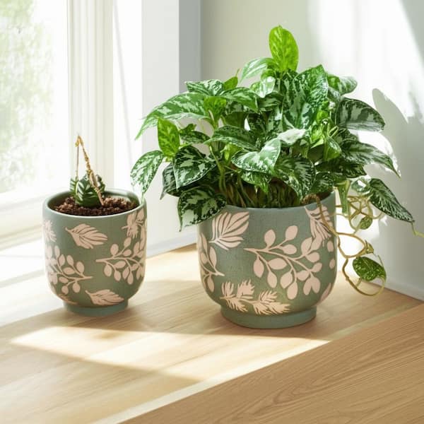 Sagebrook Home 6-8 in. Hand Painted Leaves Planters Green & Tan - Set of 2