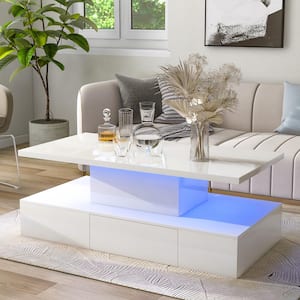 39.3 in. Modern White Rectangle Wood High Gloss Coffee Table with Drawer and 16-Color LED lights
