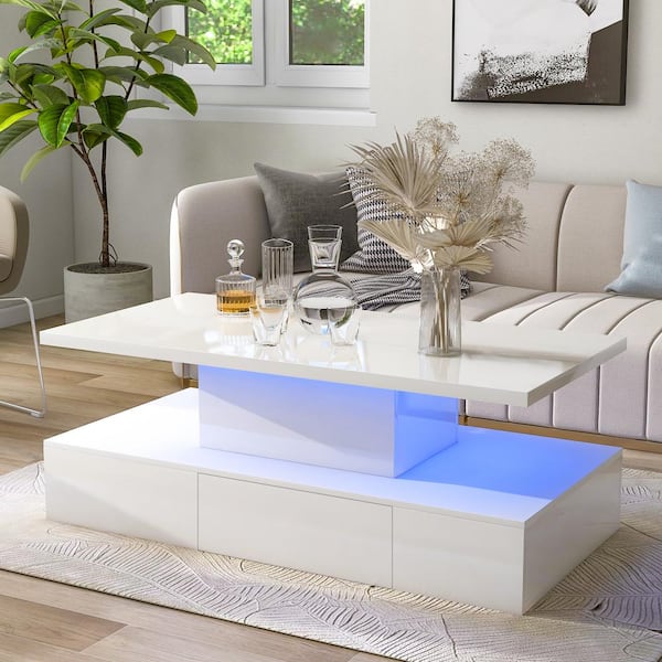 Harper & Bright Designs 39.3 in. Modern White Rectangle Wood High Gloss Coffee Table with Drawer and 16-Color LED lights