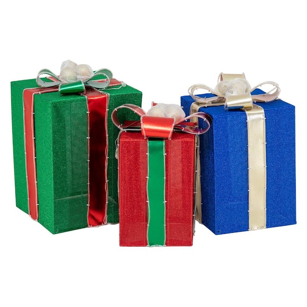 3-Piece Christmas Lighted Gift Box, 3D Tinsel Santa Outdoor Garden Yard Lawn Festive Holiday Decoration with Lights