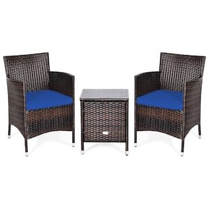 3-Piece Wicker Patio Conversation Sectional Seating Set with Cushion Navy
