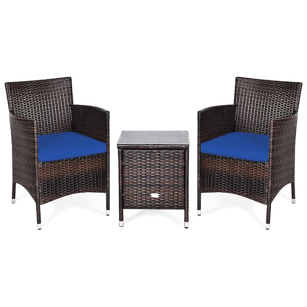 Costway 3-Piece Wicker Patio Conversation Sectional Seating Set with Cushion Navy