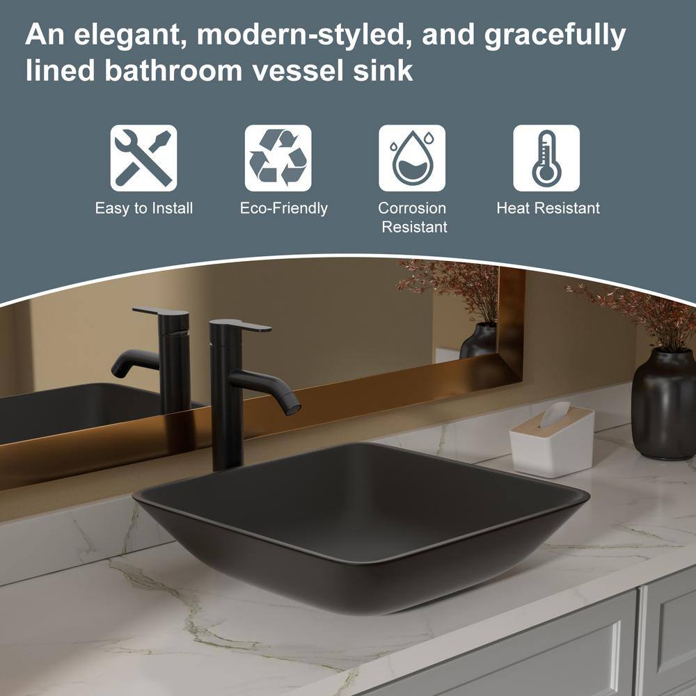 16" Square Matte Black Tempered Glass Vessel Sink