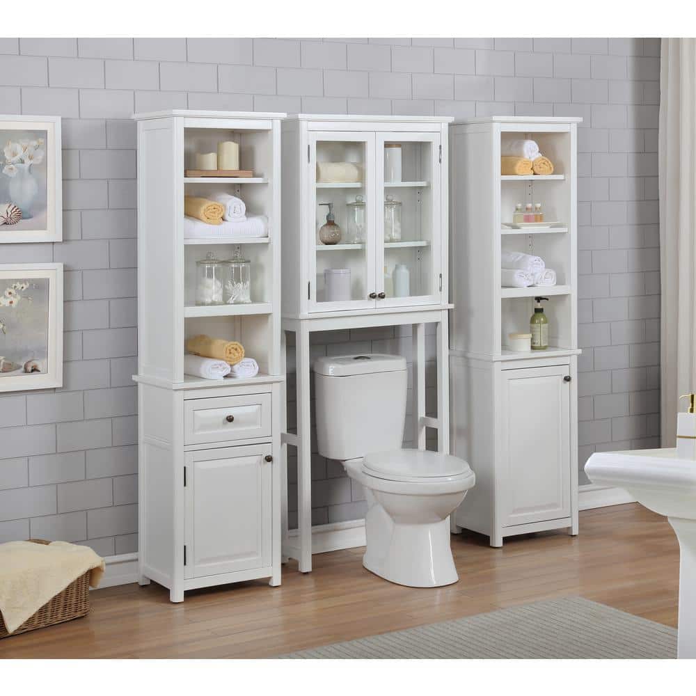White Wood Over-the-Toilet Storage with Glass Doors