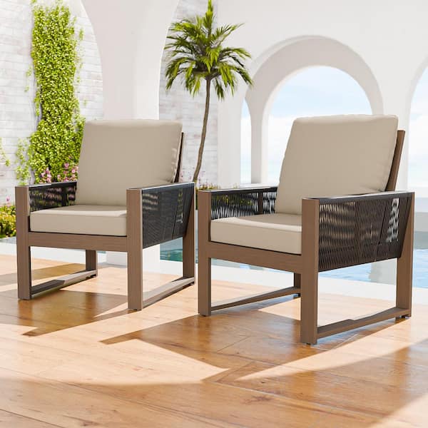 EAGLE PEAK Brown Cedar Wood and Round Wicker Outdoor Lounge Chair with Beige Cushions for Patio Deck Yard (Set of 2)