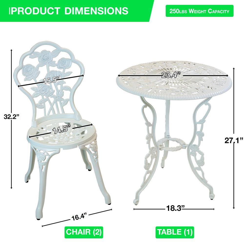 White Cast Aluminum Floral Bistro Set with Iron Legs