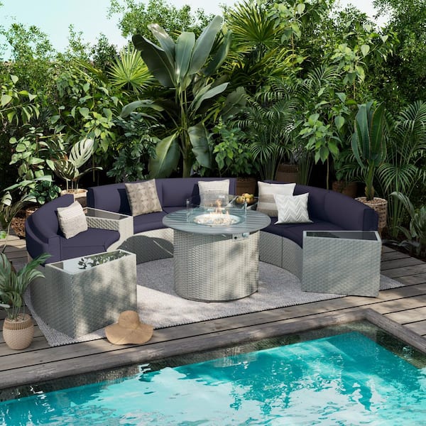 6-Person 11-Piece Fully Assembled Wicker Curved Half-Moon Outdoor Patio Fire Pit Conversation Set with Navy Cushions