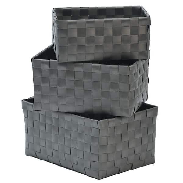 Checkered Woven Strap Storage Baskets Totes Set of 3 - Grey