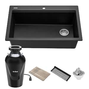 Bellucci 33" Drop-In Granite Single Bowl Kitchen Sink in Black with WasteGuard Continuous Feed Garbage Disposal