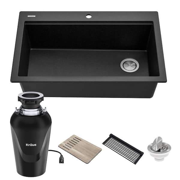 KRAUS Bellucci 33" Drop-In Granite Single Bowl Kitchen Sink in Black with WasteGuard Continuous Feed Garbage Disposal