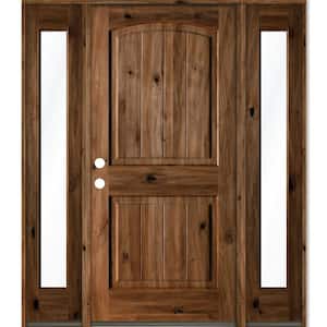 60 in. x 80 in. Rustic Alder Arch Provincial Stained Wood with V-Groove Right Hand Single Prehung Front Door