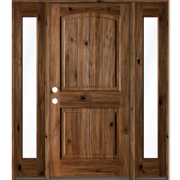 Krosswood Doors 64 in. x 80 in. Rustic Alder Arch Provincial Stained Wood with V-Groove Right Hand Single Prehung Front Door