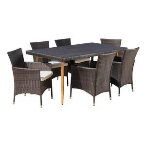 Carpinteria Multibrown 7-Piece Faux Wicker Rectangular Outdoor Dining Set with Beige Cushions
