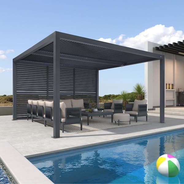 12 ft. x 14 ft. Gray Aluminum Louvered Pergola with 2-Adjustable Sunshade Roofs and 1-Long Side Fixed Shutter Wall