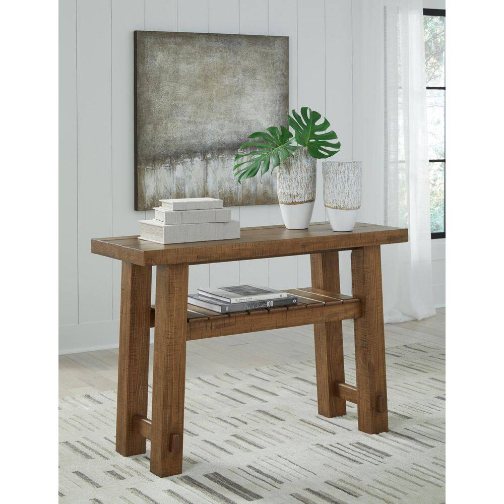 Light Brown Pine Wood Sofa Table with Slatted Shelf