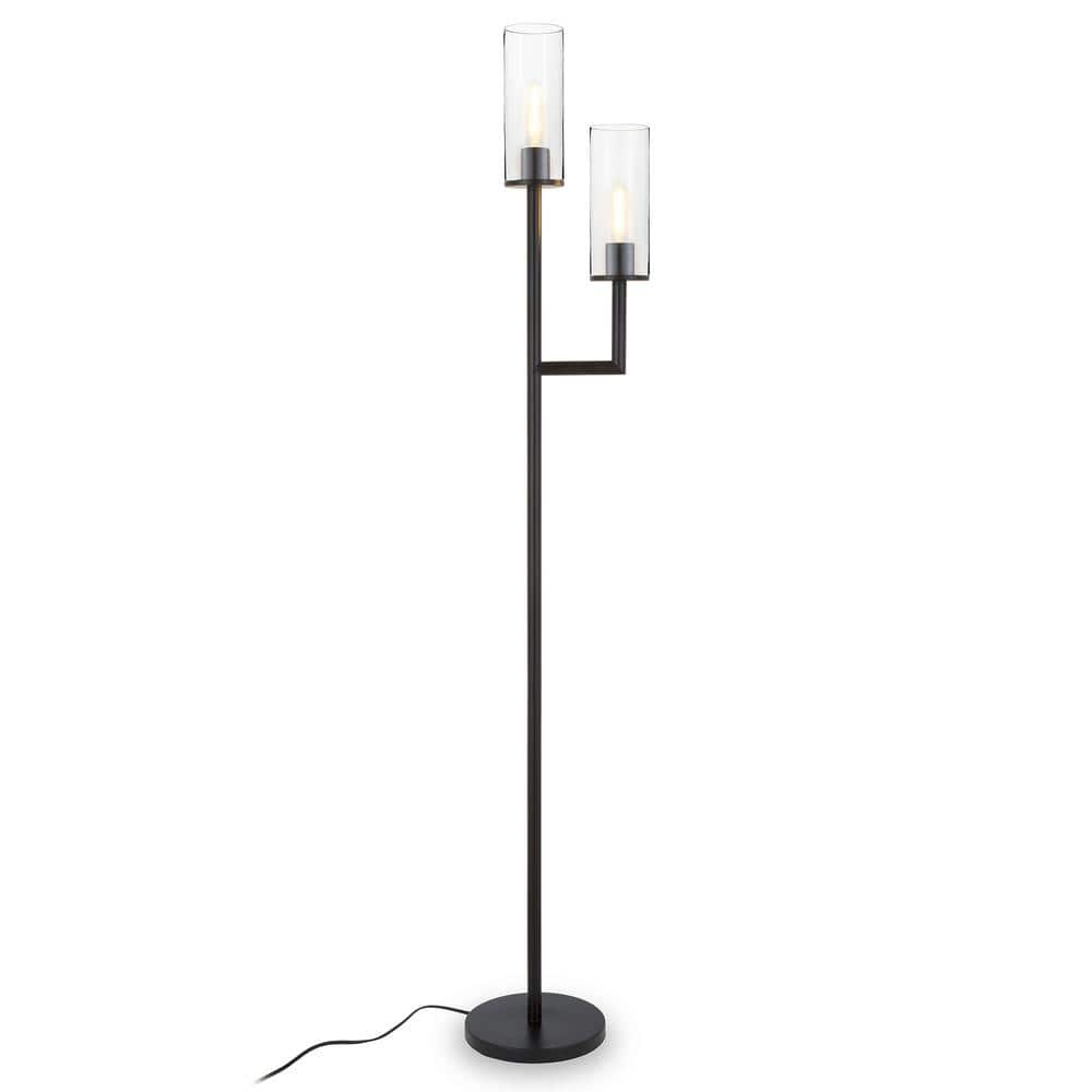 Basso Brushed Bronze Torchiere Floor Lamp with Clear Glass Shade