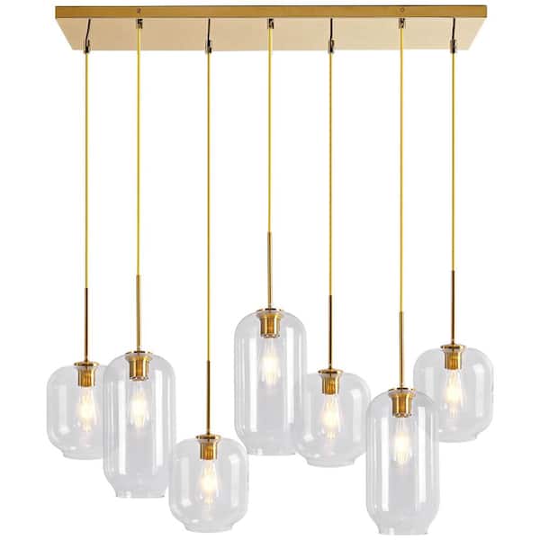 HUOKU 7-Light Vintage Gold Cluster, Cylinder, Linear, Rectangle Geometric, Island, Shaded Chandelier with Unique Clear Glass