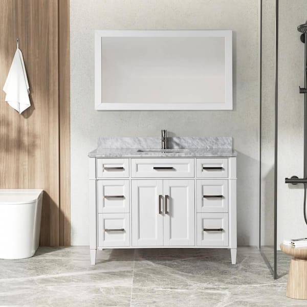 Vanity Art Savona 48 in. W x 22 in. D x 36 in. H Vanity in White with Single Basin Vanity Top in White and Grey Marble and Mirror