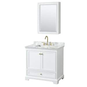 Deborah 36 in. W x 22 in. D x 35 in. H Single Sink Bath Vanity in White with White Carrara Marble Top and MedCab Mirror