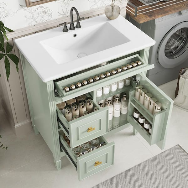 30 in. Single Sink Freestanding Green Bath Vanity with White Ceramic Top and Adjustable Shelf Vanity Cabinet Unassembled