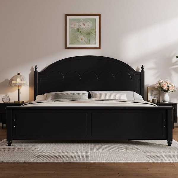 Caldon Modern Black Wood Frame King Size Platform Bed with Arched Headboard