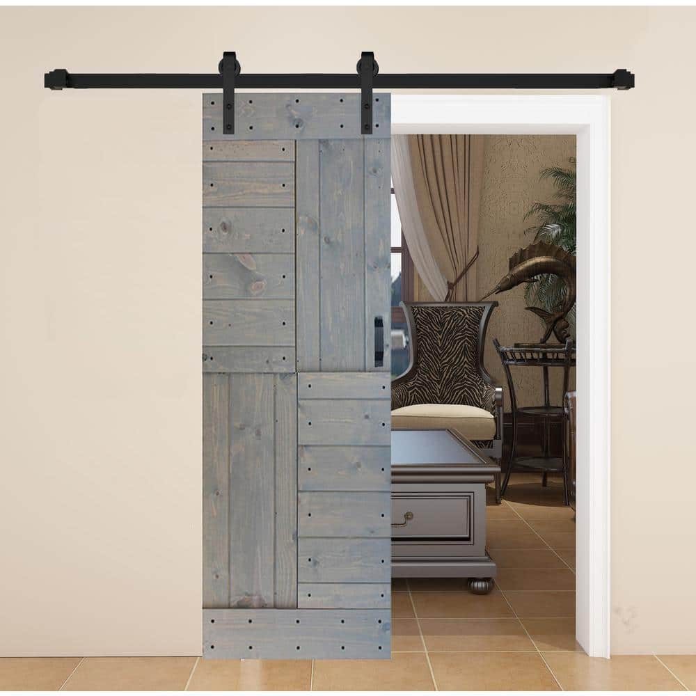 French Gray Paneled Pine Sliding Barn Door with Track Kit