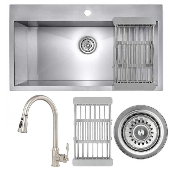 AKDY Handmade 30-in x 18-in Stainless Steel Single Bowl Drop-In 1-Hole Residential Kitchen Sink All-in-One Kit AKDY Handmade 30-in x 18-in Stainless Steel Single Bowl Drop-In 1-Hole Residential Kitchen Sink All-in-One Kit