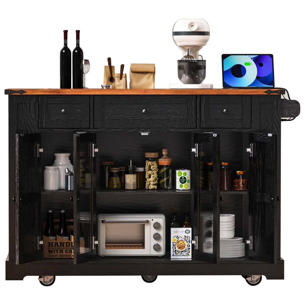 H2O 53 in. Black Farmhouse Kitchen Cart Island with Drop Leaf,Power Outlet,