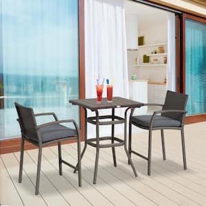 Grey 3-Piece Plastic Rattan Wicker Square Outdoor Bistro Set with 2 Chairs and 1 Center Table