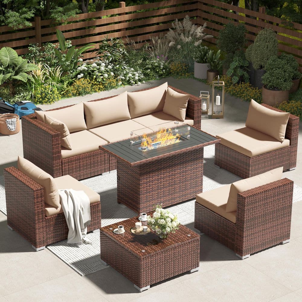 8-Piece Wicker Beige Cushion Patio Conversation Set with Fire Pit price history on PriceWatchPro