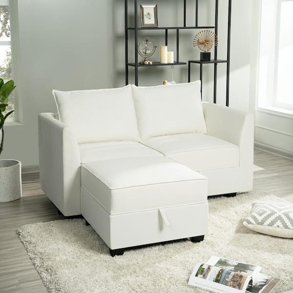 MAYKOOSH Contemporary Straight Arm Loveseat with Ottoman - White Down Linen