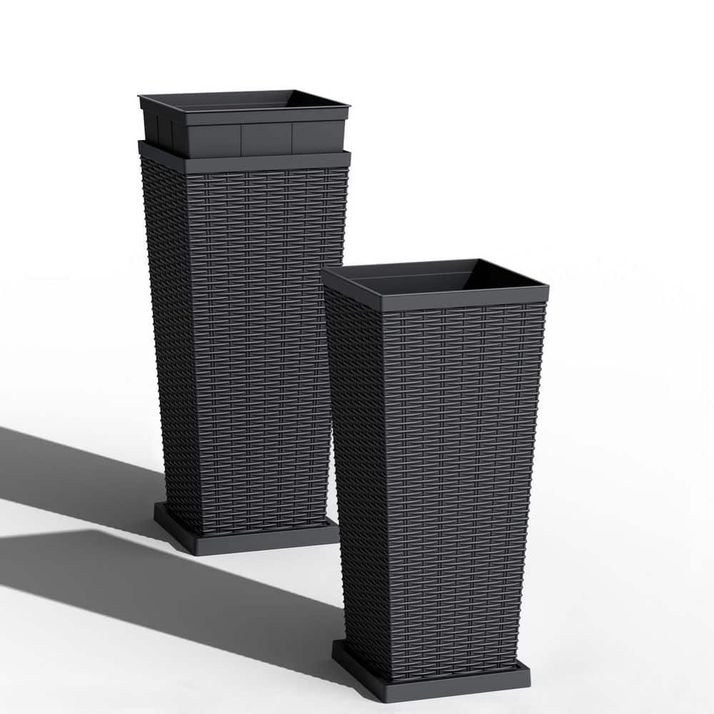 Tozey Rattan Texture Black Outdoor Resin Tapered Planter Set with