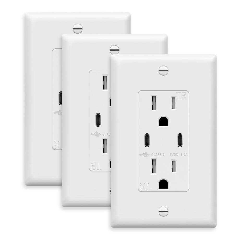 TOPGREENER 15 Amp Tamper-Resistant Decorator Duplex Receptacle 2-Port 3.6A USB C Wall Outlet, White (3-Pack) -  TU21536A2C-WWP3