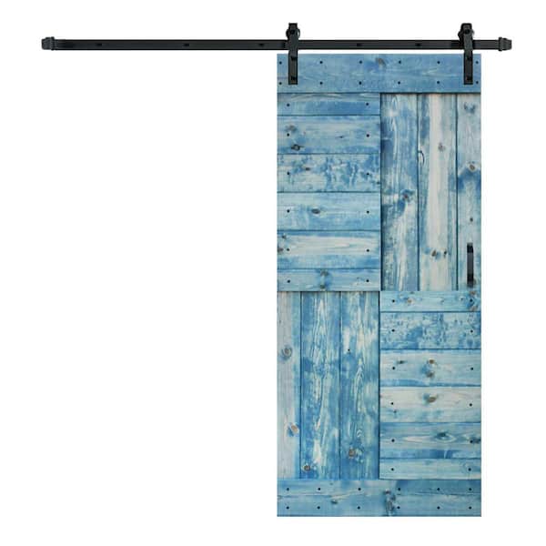 ISLIFE S Series 38 in. x 84 in. Worn Navy Finished DIY Solid Wood Sliding Barn Door with Hardware Kit